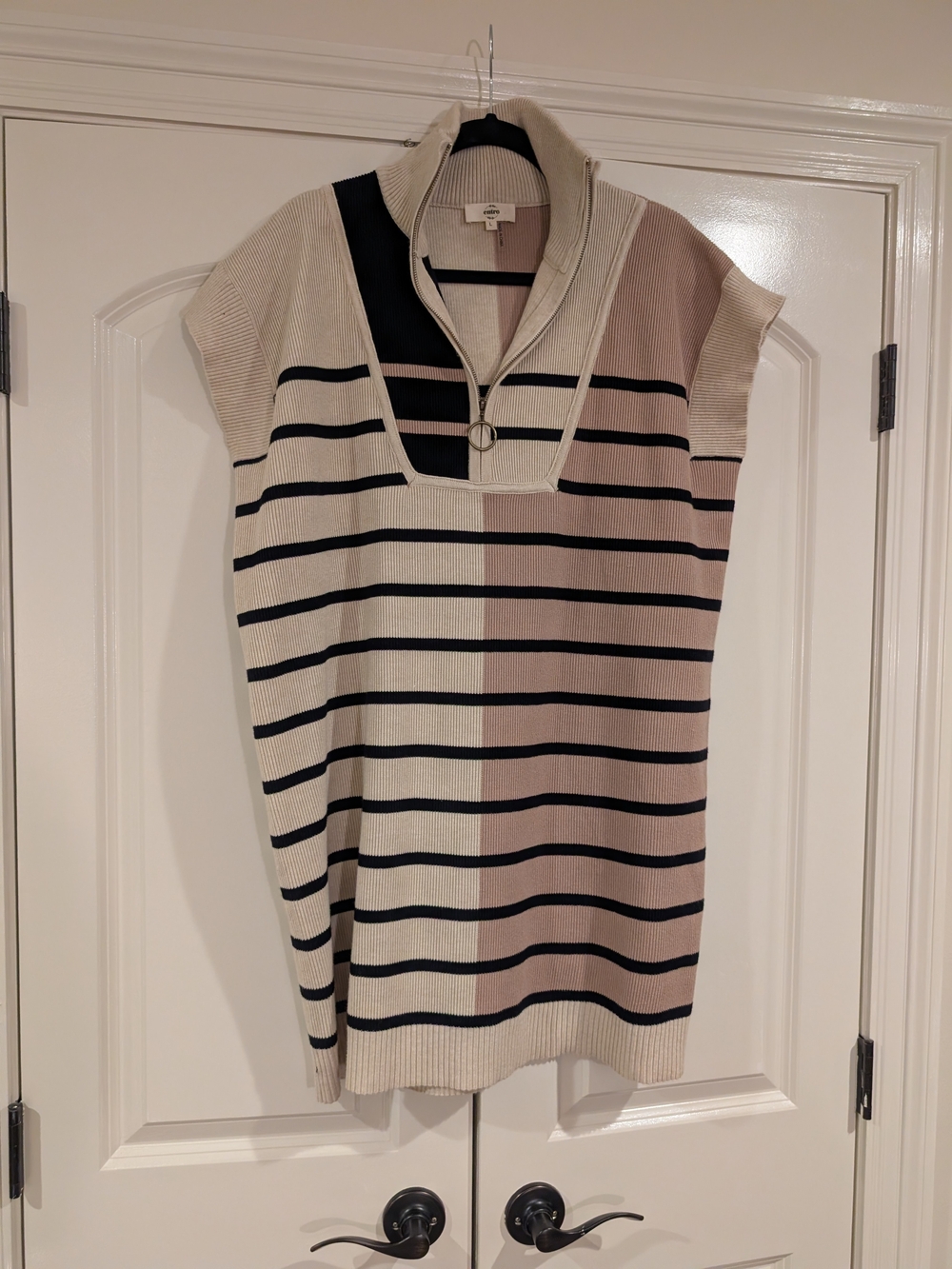 entro Beige & Black Striped Knit Sleeveless Tunic with Zip